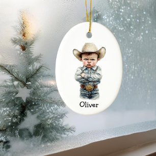 Ornamento De Cerâmica Vaqueiro batido personalizado em roupas de Denim