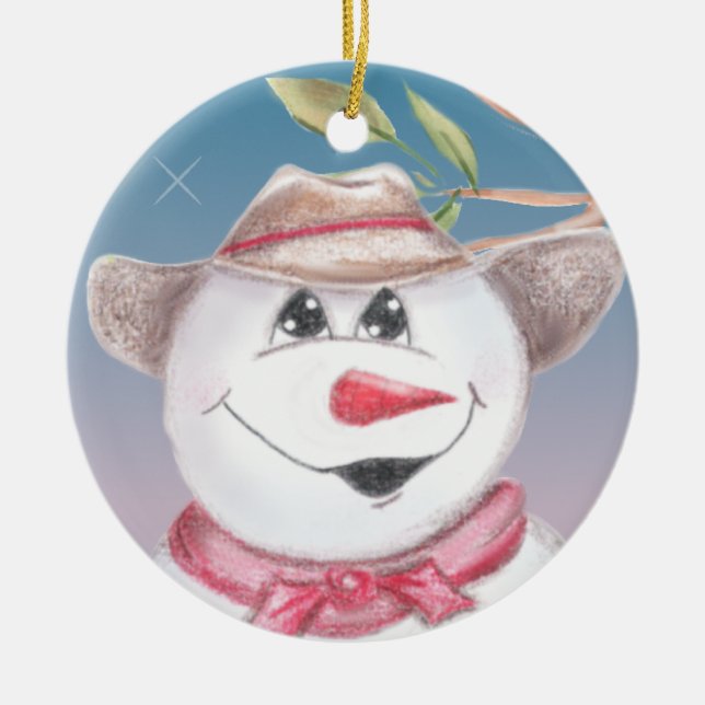 Ornamento De Cerâmica Vaqueiro Snowman em Red Scarf Ornament Ilustrado (Frente)