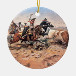 Ornamento De Cerâmica Vaqueiros que roping um boi, 1897 (óleo em canvas