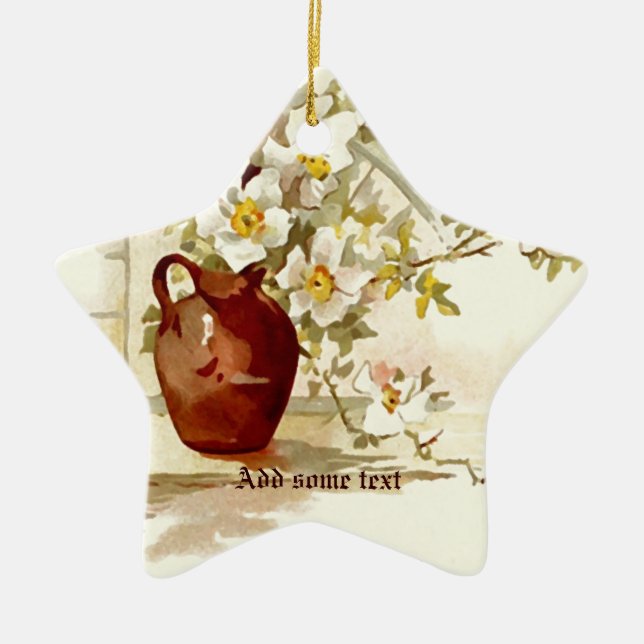 Ornamento De Cerâmica Vase com rosas brancas enfileiramento por aquarela (Frente)