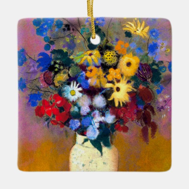 Ornamento De Cerâmica Vaso Branco com Flores Odilon Redon (Frente)