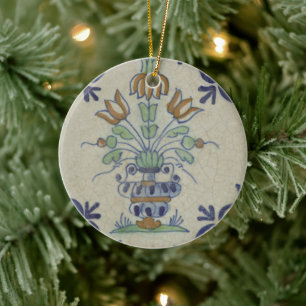 Ornamento De Cerâmica Vaso de Tulipa Holandesa em Azulejo Delft Antigo: 