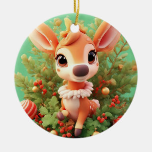 Ornamento De Cerâmica Veado de desenho animado adorável brilha ❄️ Natal