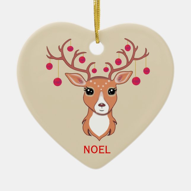 Ornamento De Cerâmica Veado de Natal com bolas vermelhas (Frente)