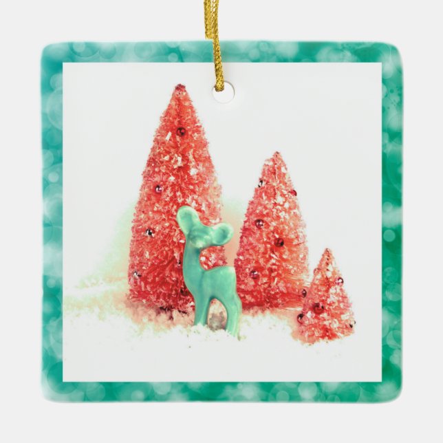 Ornamento De Cerâmica Veado de Natal com Quadro Aqua (Frente)