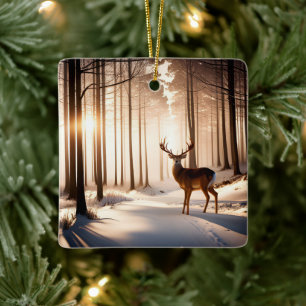 Ornamento De Cerâmica Veado de Natal na Floresta de Inverno