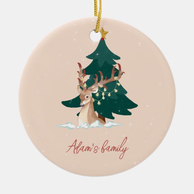 Ornamento De Cerâmica Veado de Natal personalizável (Frente)