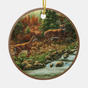 Ornamento De Cerâmica Veado-de-Whitetail e Waterfall