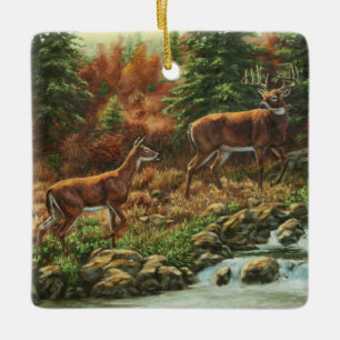 Ornamento De Cerâmica Veado-de-Whitetail e Waterfall