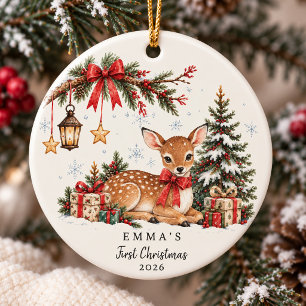 Ornamento De Cerâmica Veado em Aquarela Vintage Primeiro Natal