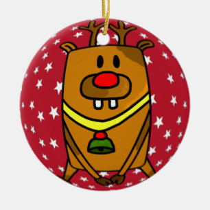 Ornamento De Cerâmica Veado Engraçado Cute Nariz Vermelho Estrelas Natal