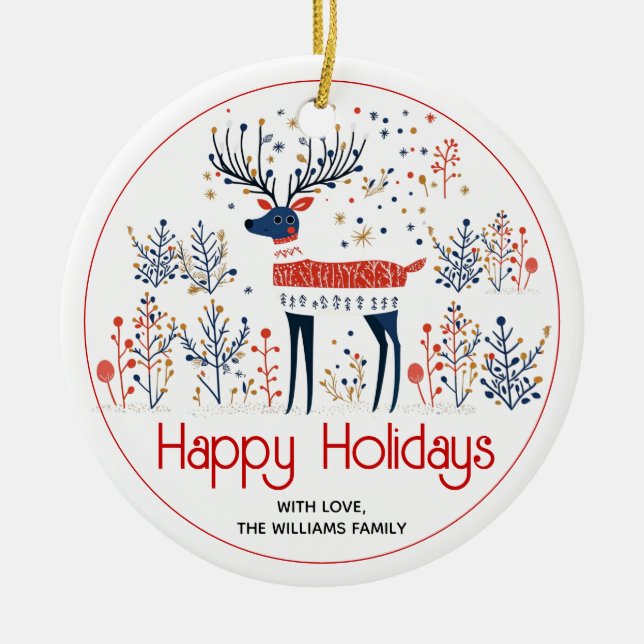 Ornamento De Cerâmica Veado escandinavo, foto de Natal (Frente)