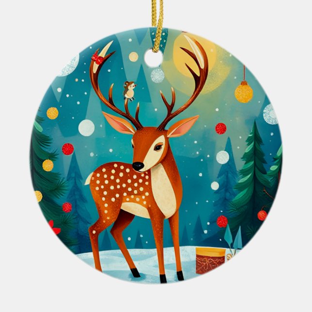 Ornamento De Cerâmica Veado Festivo em Floresta Neve (Frente)