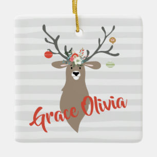 Ornamento De Cerâmica Veado lunático personalizado do Natal com Antlers