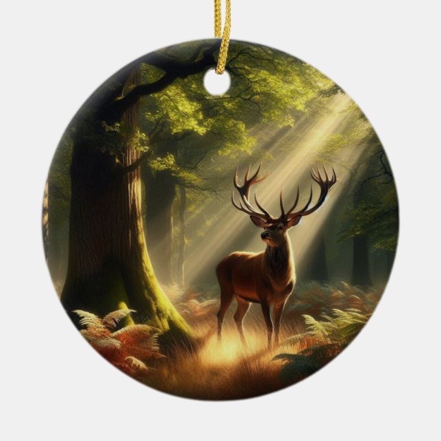 Ornamento De Cerâmica Veado na floresta matinal (Frente)