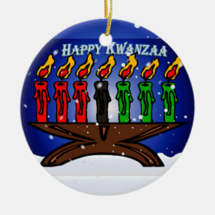 Ornamento De Cerâmica Vela Kinara de Kwanzaa com neve e cumprimento