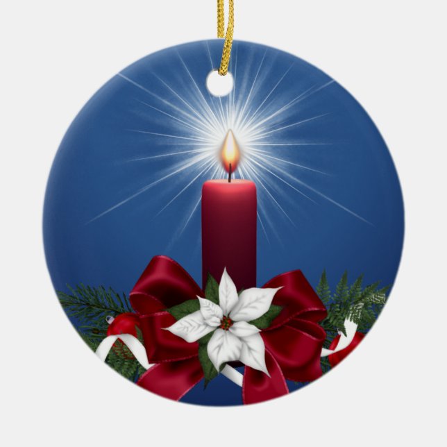 Ornamento De Cerâmica Vela vermelha do feriado do Natal (Frente)