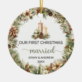 Ornamento De Cerâmica Velas de Natal bege, verde pastel e bege