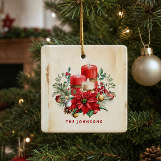Ornamento De Cerâmica Velas & Poinsettia em Aquarela Vintage Personaliza