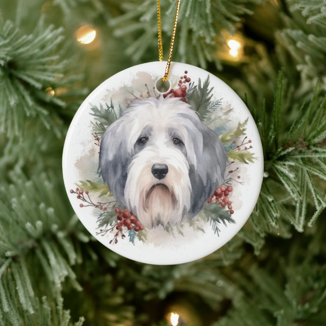 Ornamento De Cerâmica Velha Inglês Sheepdog Christmas Wreath Festivo Pup (Árvore)