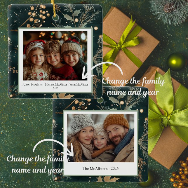 Ornamento De Cerâmica Verde Elegante Botânico Duplo Lado (These elegant Christmas ornaments can be hung in your tree or can be gifted to someone special!)