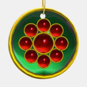 ORNAMENTO DE CERÂMICA VERDE ESMERALDA; PEDRA PRECIOSA VERMELHA