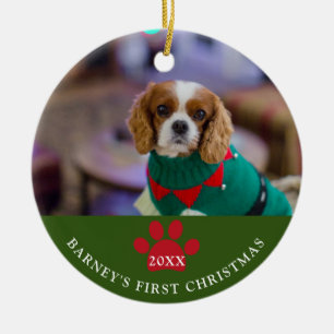 Ornamento De Cerâmica Verde-Foto de Primeiro Natal do Cão