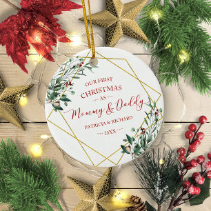 Ornamento De Cerâmica Verde Nosso Primeiro Natal como Mamãe e Papai