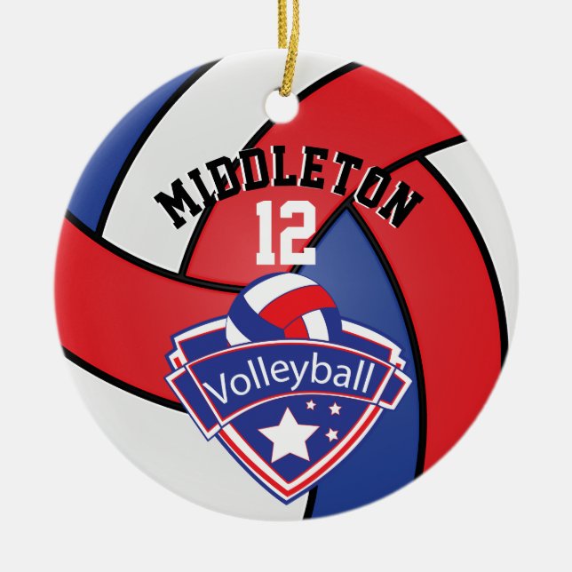 Ornamento De Cerâmica 🏐 Vermelho, Branco e Azul Personalizam Voleibol (Frente)