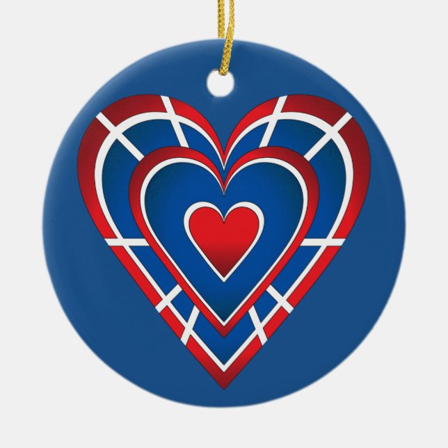 Ornamento De Cerâmica Vermelho Branco e Coração Azul (Frente)