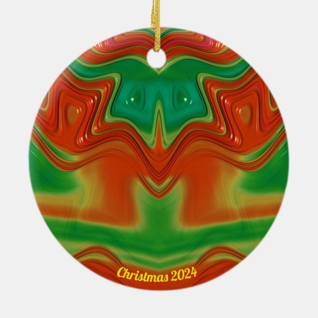 Ornamento De Cerâmica Vermelho brilhante, amarelo e Natal verde 2024 (Traseira)