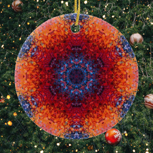 Ornamento De Cerâmica Vermelho de Mandala Digital Laranja e Azul