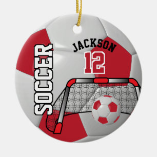 Ornamento De Cerâmica ⚽ Vermelho e Branco Personalizar Bola de Futebol