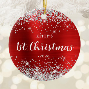 Ornamento De Cerâmica Vermelho e Prata Brilho Kit 1º Natal Gatinho Foto
