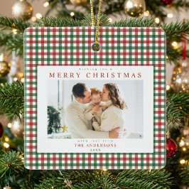 Ornamento De Cerâmica Vermelho e Verde Xadrez Natal Foto Personalizada