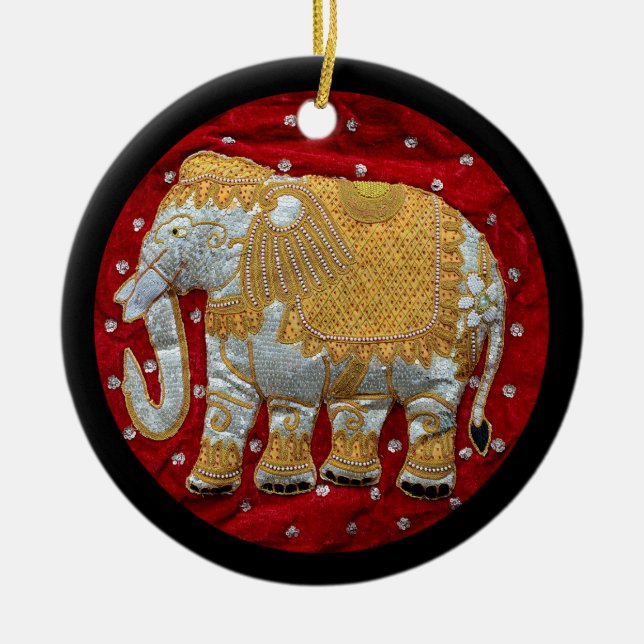 Ornamento De Cerâmica Vermelho Embellished e ouro do elefante indiano (Frente)