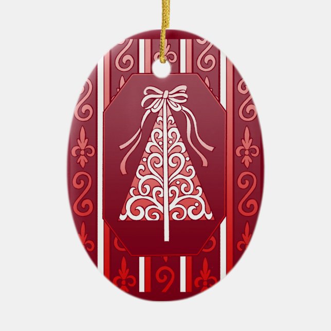 Ornamento De Cerâmica Vermelho escuro e branco roda a árvore de Natal (Frente)