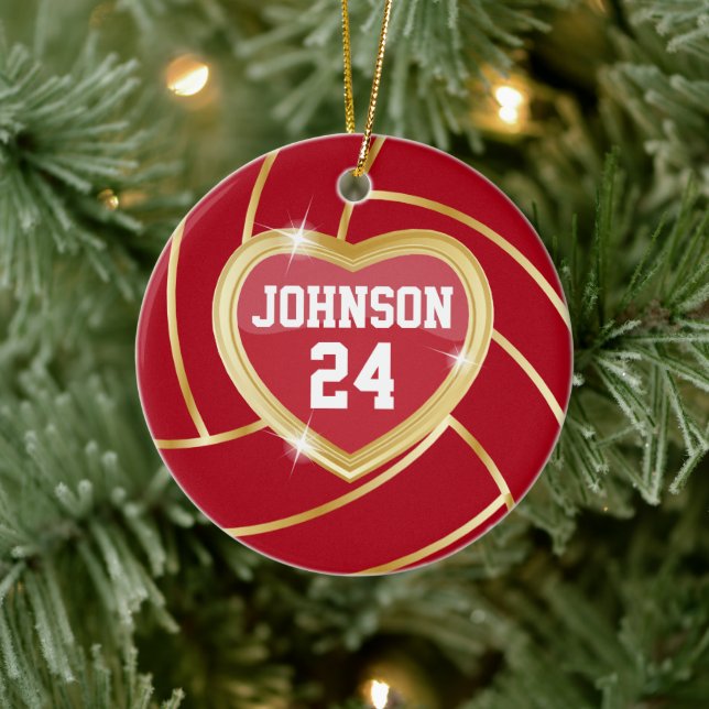 Ornamento De Cerâmica Vermelho Escuro Elegante e Voleibol Dourado (Árvore)