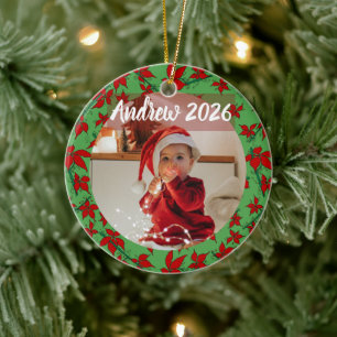 Ornamento De Cerâmica Vermelho Floral Poinsettia Bebê primeiro Natal Fot
