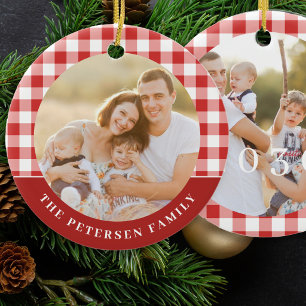 Ornamento De Cerâmica Vermelho gingham xadrez branco Natal em família de
