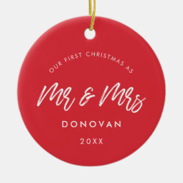 Ornamento De Cerâmica Vermelho Moderno Nossa Primeira Foto De Casamento 