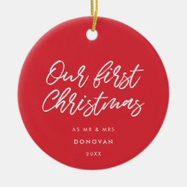 Ornamento De Cerâmica Vermelho Moderno Nosso Primeiro Natal Casado