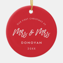 Ornamento De Cerâmica Vermelho Moderno Nosso Primeiro Natal como Sra. e 