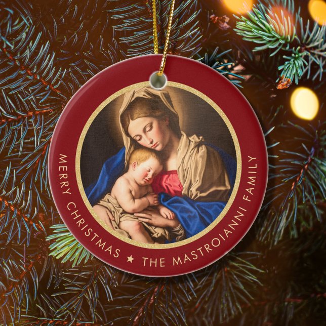 Ornamento De Cerâmica Vermelho religioso e Dourado Madonna e Natal infan (Red and gold religious Christmas ornament with Madonna and Child for Catholics and Christians)