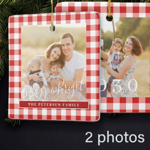 Ornamento De Cerâmica Vermelho xadrez gingham branco 2 foto Natal em fam