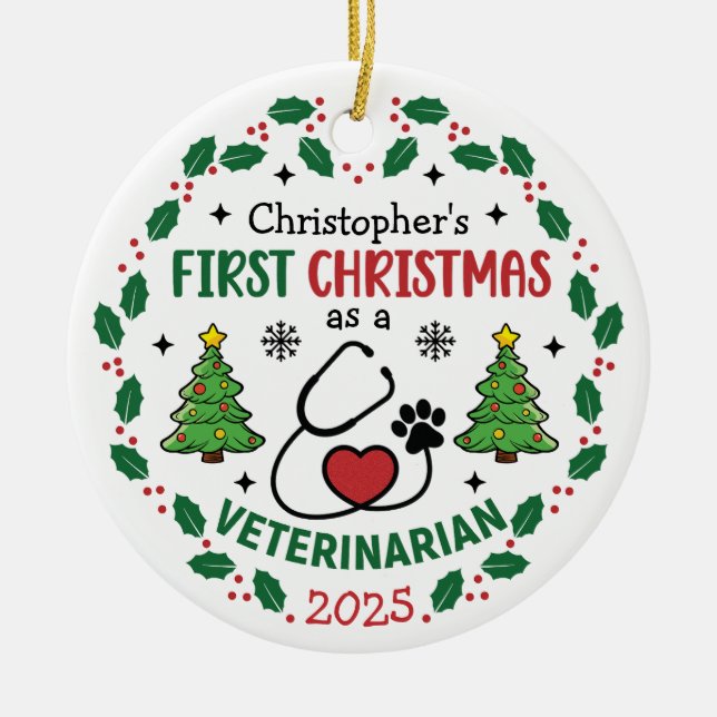 Ornamento De Cerâmica Veterinário Primeiro Natal Personalizado Ronda (Frente)