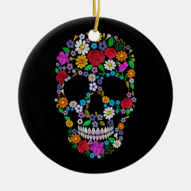 Ornamento De Cerâmica Vetor crânio de flores bordado. muertos d (Frente)