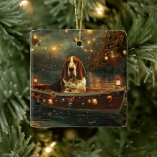 Ornamento De Cerâmica Viagem Festiva de Natal do Basset Hound