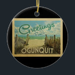 Ornamento De Cerâmica Viagens vintage de praia Ogunpensar Maine<br><div class="desc">Esta design do Vintage de Westport apresenta uma praia arenosa com uma bela água turquesa oceânica e acima do mar,  um céu azul com nuvens brancas onduladas. No estilo viagens vintage.</div>