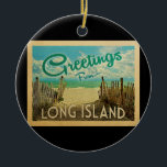 Ornamento De Cerâmica Viagens vintage Long Island Beach<br><div class="desc">Esta design do cartão postal Vintage de Long Island apresenta uma praia arenosa com uma bela água turquesa oceânica e acima do mar,  um céu azul com nuvens brancas onduladas. No estilo viagens vintage.</div>